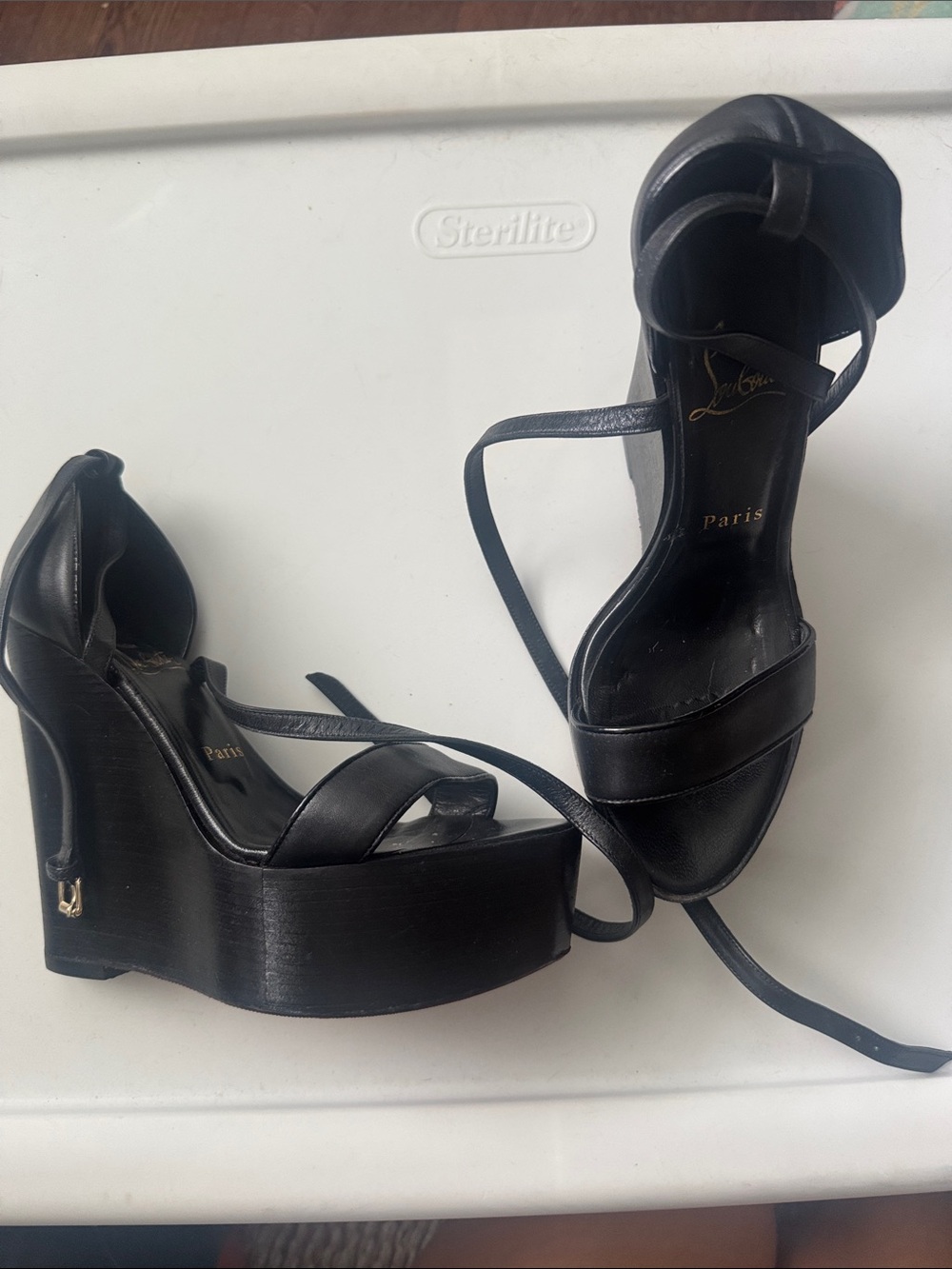 Christian Louboutin Black Leather Platform Wedge Sandals with Ankle Wrap